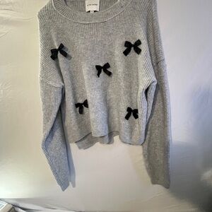 Pink Rose Light Gray Ribbed Crewneck Sweater with Black Bow Details